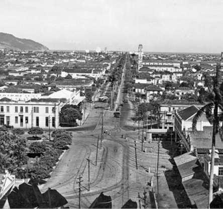 Imagem: Fotografia em preto e branco. Vista aérea de uma avenida com chão de terra. Nas laterais há várias árvores e casas grandes.  Fim da imagem.