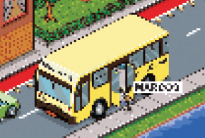 Imagem: Ilustração. Vista aérea de um menino (Marcos) entrando em um ônibus escolar amarelo. Ao lado há carros andando na rua.  Fim da imagem.