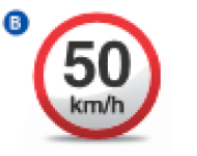 Imagem: Ilustração B. Placa circular e branca com borda vermelha. No centro, a informação: 50 km/h. Fim da imagem.