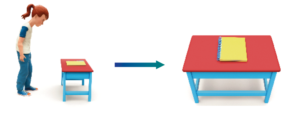 Imagem: Ilustração. À esquerda, a menina está em pé e afastada da mesa. À direita, vista aérea do caderno sobre a mesa. Fim da imagem.