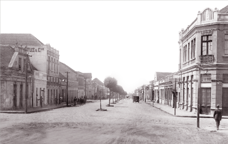 Imagem: Fotografia em preto e branco. No centro há duas avenidas pavimentadas com um automóvel antigo e no meio delas há uma fileira de árvores. Nas laterais há construções, postes e poucas pessoas andando. Fim da imagem.