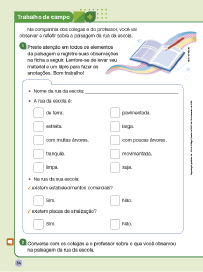 Imagem: Ilustração. Exemplifica como será a seção Trabalho de campo. Página composta por textos e imagens. Fim da imagem.