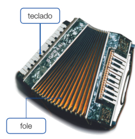 Imagem: Fotografia. Uma sanfona preta com teclados nas laterais. No centro, a fole, abas dobradas, que abrem e fecham. Fim da imagem.