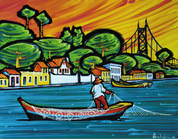 Imagem: Pintura. No centro, um homem com chapéu, camisa e calça está em pé, dentro de um barco e segurando uma rede de pesca sobre a água. Ao fundo, barcos, casas, árvores, uma ponte e o céu em tons de amarelo.  Fim da imagem.