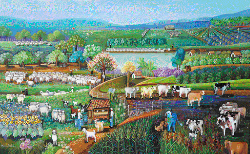 Imagem: Pintura. À direita, várias vacas e bois estão em uma plantação e entre eles há um cachorro marrom. À esquerda há ovelhas, bodes e cabras entre flores coloridas. No meio há dois homens segurando latas grandes e duas vacas dentro de um estábulo. Em segundo plano há várias ovelhas em um pasto com grama e entre elas há pastores. Ao lado há plantações, casas e um lago. Atrás há mais plantações, uma estrada de terra, árvores, flores coloridas e mais ovelhas. Ao fundo, morros e o céu em tons de azul. Fim da imagem.