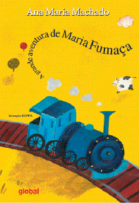 Imagem: Capa de livro. Na parte superior, o título e na parte inferior, ilustração de um trem azul sobre trilhos de madeira. Fim da imagem.