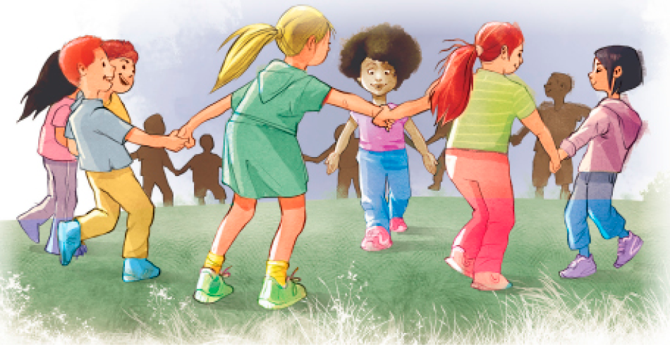 Imagem: Ilustração. Crianças com roupas coloridas estão de mãos dadas e formando uma roda. No centro, uma menina sorri.  Fim da imagem.