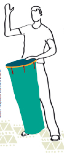 Imagem: Ilustração. Um homem está batendo as mãos em um atabaque grande e verde.  Fim da imagem.