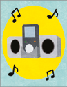 Imagem: Ilustração. Um rádio com notas musicais em volta. Fim da imagem.