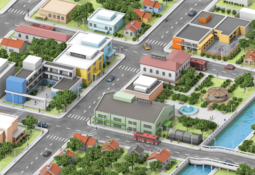 Imagem: Ilustração. Vista aérea de um bairro. À esquerda, casas, prédios, árvores e uma livraria. No centro, automóveis em uma rua asfaltada. À direita, uma escola, biblioteca, ginásio, uma praça e árvores. Ao lado, uma ponte sobre um rio. Fim da imagem.