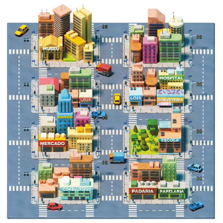 Imagem: Ilustração. Vista aérea de uma cidade. À esquerda, automóveis em uma rua. Em seguida, quarteirões com prédios e estabelecimentos. De cima para baixo: museu, loja, banco atrás do mercado e consultório. No centro, mais automóveis em uma rua e à direita, mais quarteirões com prédios e estabelecimentos. De cima para baixo: hospital e na frente, loja ao lado da sorveteria, escola e padaria ao lado da papelaria. À direita, outra rua. Fim da imagem.