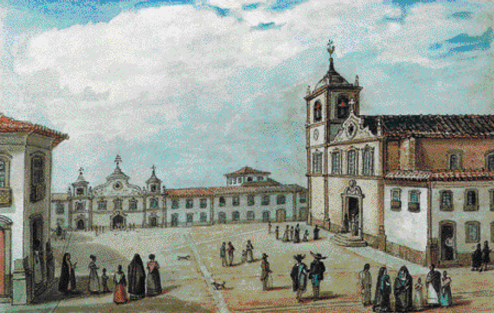 Imagem: Pintura. Pessoas andando e conversando em uma praça ampla. Em volta há construções com paredes brancas e detalhes marrons. À direita, uma igreja com um sino no topo da torre. Fim da imagem.