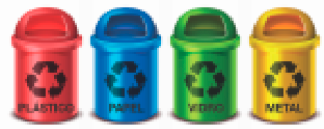 Imagem: Ilustração. Cestos de lixo coloridos e com símbolo da reciclagem. Da esquerda para a direita: cesto vermelho (Plástico), azul (papel), verde (vidro) e amarelo (metal).  Fim da imagem.