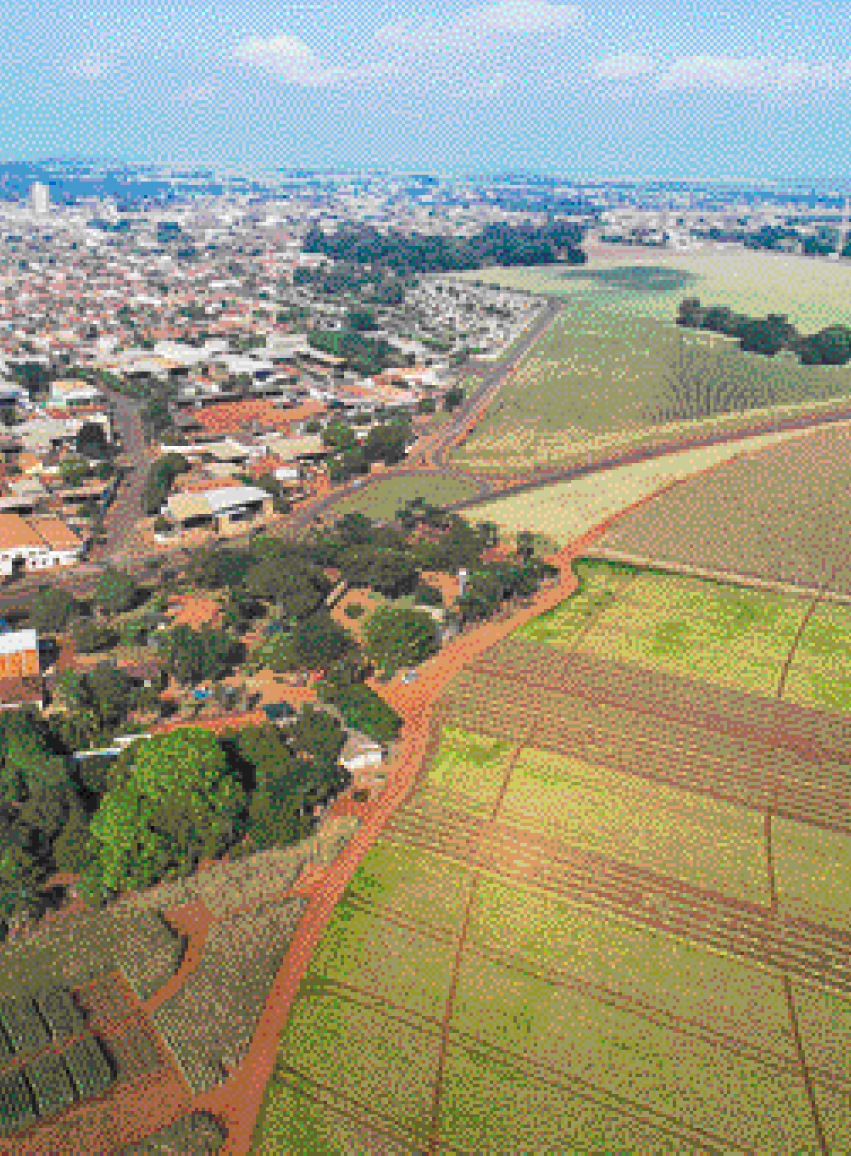 Imagem: Fotografia. Vista aérea de uma plantação extensa. Ao lado há árvores e em seguida, uma cidade com casas, ruas e construções. Ao fundo o céu em tons azul. Fim da imagem.