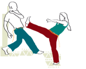Imagem: Ilustração. Duas pessoas dançando capoeira.  Fim da imagem.