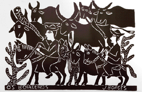 Imagem: Xilogravura em preto e branco. Duas pessoas montadas em burros e ao lado há vários bois.  Fim da imagem.