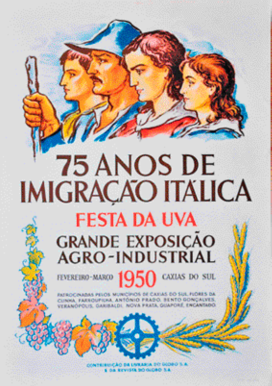 Imagem: Cartaz. Na parte superior, ilustração de um casal, uma menina e um menino de perfil. Abaixo, a informação: 75 ANOS DE IMIGRAÇÃO ITÁLICA. FESTA DA UVA. GRANDE EXPOSIÇÃO AGRO-INDUSTRIAL. Na parte inferior, ilustração de cachos de uvas e trigo.  Fim da imagem.