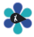 Imagem: Ilustração de uma flor com seis pétalas em tons de azul e um miolo preto em formato de gota, onde há a silhueta em branco de uma pessoa com o braço levantado. Fim da imagem.