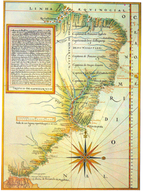 Imagem: Desenho. Mapa do Brasil com várias linhas horizontais e nomes. Na parte inferior, rosa dos ventos.  Fim da imagem.