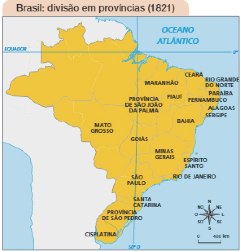 Mapa. Brasil: divisão em províncias (1821). Mapa do Brasil dividido em províncias: PROVÍNCIA DE SÃO JOÃO DA PALMA; MARANHÃO; PIAUÍ; CEARÁ; RIO GRANDE DO NORTE; PARAÍBA; PERNAMBUCO; ALAGOAS; SERGIPE; BAHIA; GOIÁS; MATO GROSSO; MINAS GERAIS; ESPÍRITO SANTO; RIO DE JANEIRO; SÃO PAULO; SANTA CATARINA; PROVÍNCIA DE SÃO PEDRO e CISPLATINA. No canto inferior direito, a rosa dos ventos e a escala de 0 a 460 km.