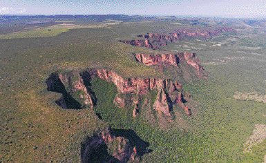 Imagem: Fotografia. Vista aérea de uma chapada com vegetação em volta.  Fim da imagem.