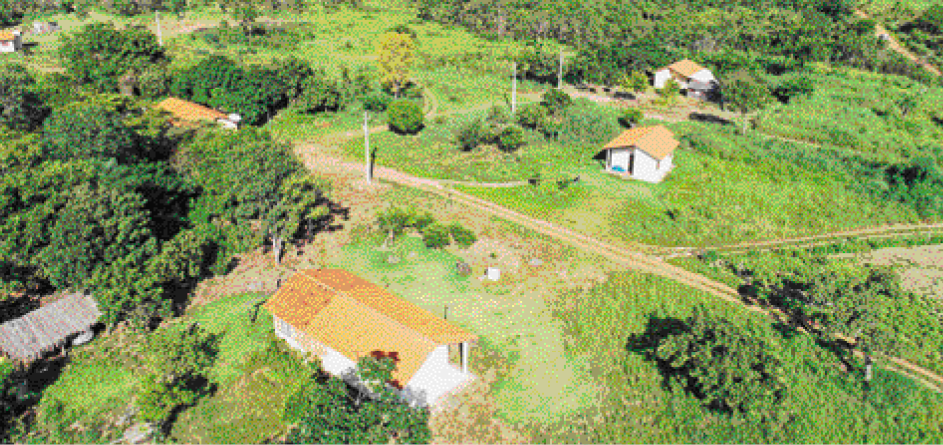 Imagem: Fotografia. Vista aérea de poucas casas sobre um terreno verde. Em volta há muitas árvores e uma estrada de terra. Fim da imagem.