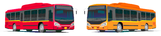 Imagem: Ilustração. Um ônibus vermelho e um ônibus amarelo. Fim da imagem.