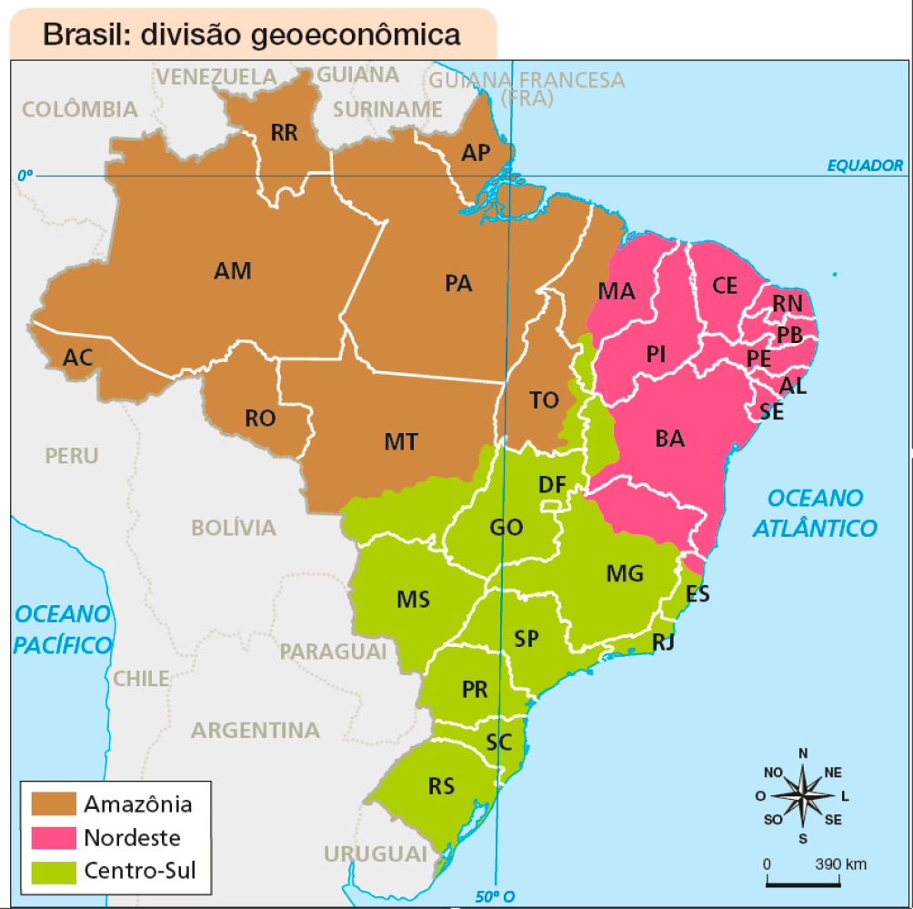 Imagem: Mapa. Brasil: divisão geoeconômica.  Amazônia: AC, AM, RR, RO, AP, PA, MA, TO e MT.  Nordeste: MA, PI, CE, RN, PB, PE, AL, SE, BA, MG e ES.   Centro-Sul: TO, MA, BA, DF, GO, MT, MS, MG, ES, RJ, SP, PR, SC e RS.  No canto inferior direito, a rosa dos ventos e a escala de 0 a 390 km.  Fim da imagem.