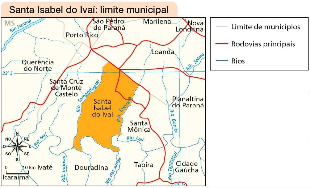 Imagem: Mapa. Santa Isabel do Ivaí: limite municipal. No centro, destaque para Santa Isabel do Ivaí. À esquerda, Rib. Tamanduateí e a cidade Santa Cruz de Monte Castelo. À direita, Rib. Taquara e a cidade Santa Mônica. Acima, rodovias e a cidade Loanda. Ao redor, o limite de municípios é representado por linhas cinzas. No canto inferior esquerdo, a rosa dos ventos e a escala de 0 a 10 km. Fim da imagem.