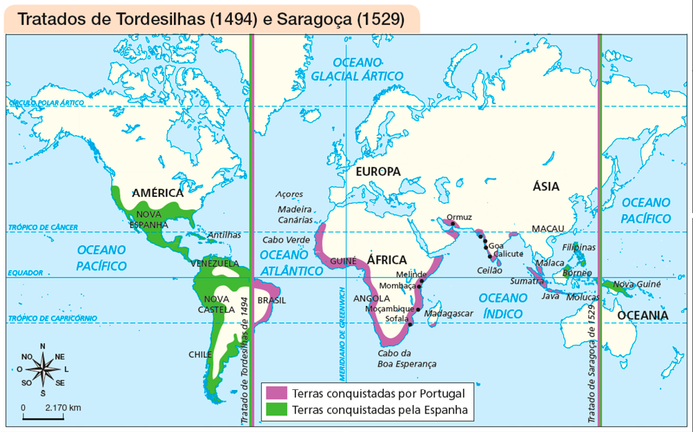 Imagem: Mapa-múndi. Tratados de Tordesilhas (1494) e Saragoça (1529).  Terras conquistadas por Portugal: parte da América (BRASIL); parte da África (GUINÉ e ANGOLA); e parte da Ásia.  Terras conquistadas pela Espanha: América (NOVA ESPANHA; VENEZUELA; NOVA CASTELA; CHILE); Ásia (Nova Guiné; Bórneo; Filipinas).  À esquerda do mapa há uma linha vertical verde e roxa (Tratado de Tordesilhas de 1494). À direita do mapa há uma linha vertical verde e roxa (Tratado de Saragoça de 1529). No canto inferior esquerdo, a rosa dos ventos e a escala de 0 a 2.170 km.  Fim da imagem.