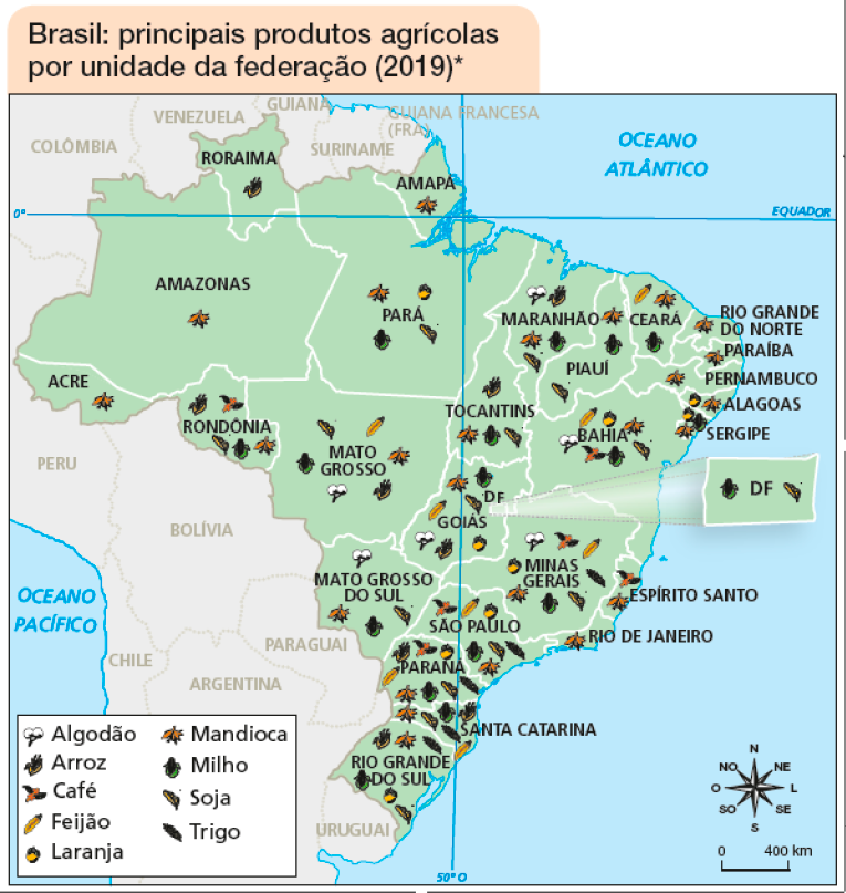 Imagem: Mapa. Brasil: principais produtos agrícolas por unidade da federação (2019) - Itens com produção acima de 100 mil toneladas.  Algodão: Maranhão, Mato Grosso, Mato Grosso do Sul, Goiás, Bahia e Minas Gerais.  Arroz: Roraima, Rondônia, Maranhão, Tocantins, Goiás, Mato Grosso, Paraná, Santa Catarina e Rio Grande do Sul.  Café: Bahia, Minas Gerais, Espírito Santo, São Paulo e Paraná.  Feijão: Mato Grosso, Ceará, Bahia, Goiás, Minas Gerais, São Paulo, Paraná e Santa Catarina.   Laranja: Pará, Alagoas, Sergipe, Bahia, Goiás, Minas Gerais, São Paulo, Paraná e Rio Grande do Sul.  Mandioca: Acre, Amazonas, Amapá, Pará, Rondônia, Mato Grosso, Maranhão, Piauí, Ceará, Rio Grande do Norte, Paraíba, Pernambuco, Alagoas, Sergipe, Bahia, Tocantins, Goiás, Mato Grosso do Sul, Minas Gerais, Espírito Santo, Rio de Janeiro, São Paulo, Paraná, Santa Catarina e Rio Grande do Sul.  Milho: Rondônia, Pará, Maranhão, Piauí, Ceará, Sergipe, Bahia, Tocantins, DF, Goiás, Mato Grosso, Mato Grosso do Sul, Minas Gerais, São Paulo, Paraná, Santa Catarina e Rio Grande do Sul.   Soja: Rondônia, Pará, Maranhão, Piauí, Tocantins, Bahia, DF, Goiás, Mato Grosso, Mato Grosso do Sul, Minas Gerais, São Paulo, Paraná, Santa Catarina e Rio Grande do Sul.  Trigo: Minas Gerais, São Paulo, Paraná, Santa Catarina e Rio Grande do Sul.  No canto inferior direito, a rosa dos ventos e a escala de 0 a 400 km.  Fim da imagem.