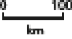 Ilustração de uma escala. À esquerda, o número 0 e à direita, o número 100. Entre eles, a informação: km. 