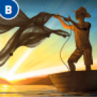 Imagem: Ilustração B. Silhueta de um homem em pé sobre um barco e jogando uma rede de pesca na água. Ao fundo, o sol nascendo.  Fim da imagem.