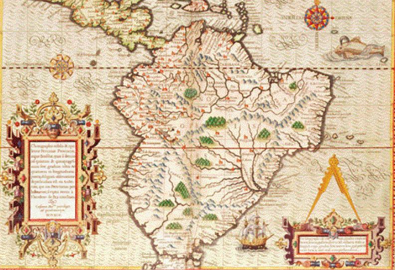 Imagem: Ilustração de um mapa. No centro, porção de terra com morros, árvores e rios. Na parte superior há outra porção de terra com construções espalhadas, rios, serras, árvores, uma igreja e portos. Em volta, o mar com criaturas marinhas gigantes e caravelas. Fim da imagem.