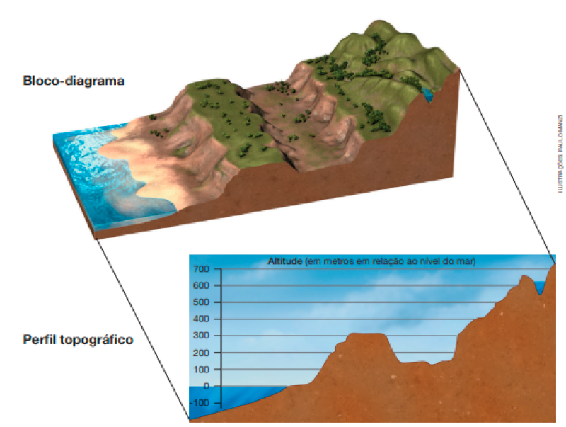 Imagem: Ilustração. Na parte inferior, o Perfil topográfico: silhueta de morros com tamanhos variados e ao lado, o mar. Sobre o desenho há linhas horizontais e número de -100 a 700 (Altitude (em metros em relação ao nível do mar)). Na parte superior, ilustração em 3D (Bloco-diagrama). Na frente, o mar e ao lado, morros com tamanhos variados. Fim da imagem.