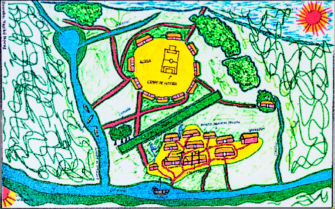 Imagem: Desenho. Vista de cima de uma aldeia circular. Em volta há árvores, córregos e ao lado, um rio. Abaixo há uma aldeia com ocas aglomeradas.  Fim da imagem.