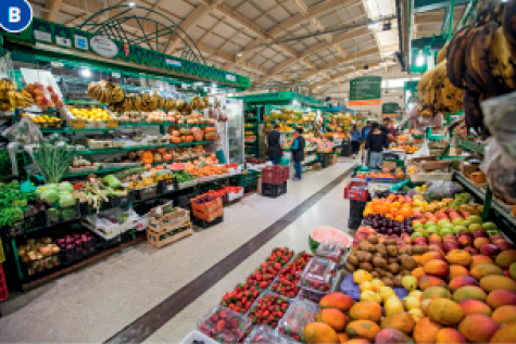 Imagem: Fotografia B. Um corredor de um galpão coberto. Nas laterais há barracas com frutas, verduras e legumes.  Fim da imagem.