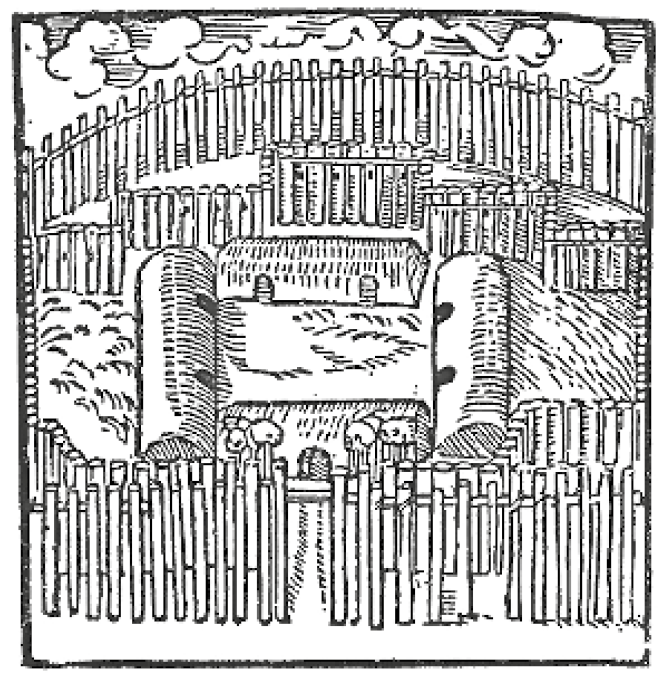 Imagem: Gravura em preto e branco. No centro há quatro ocas extensas formando um quadrado. Em volta há uma cerca redonda de madeira. Fim da imagem.