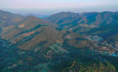 Imagem: Fotografia. Vista aérea de serras cobertas de vegetação.  Fim da imagem.