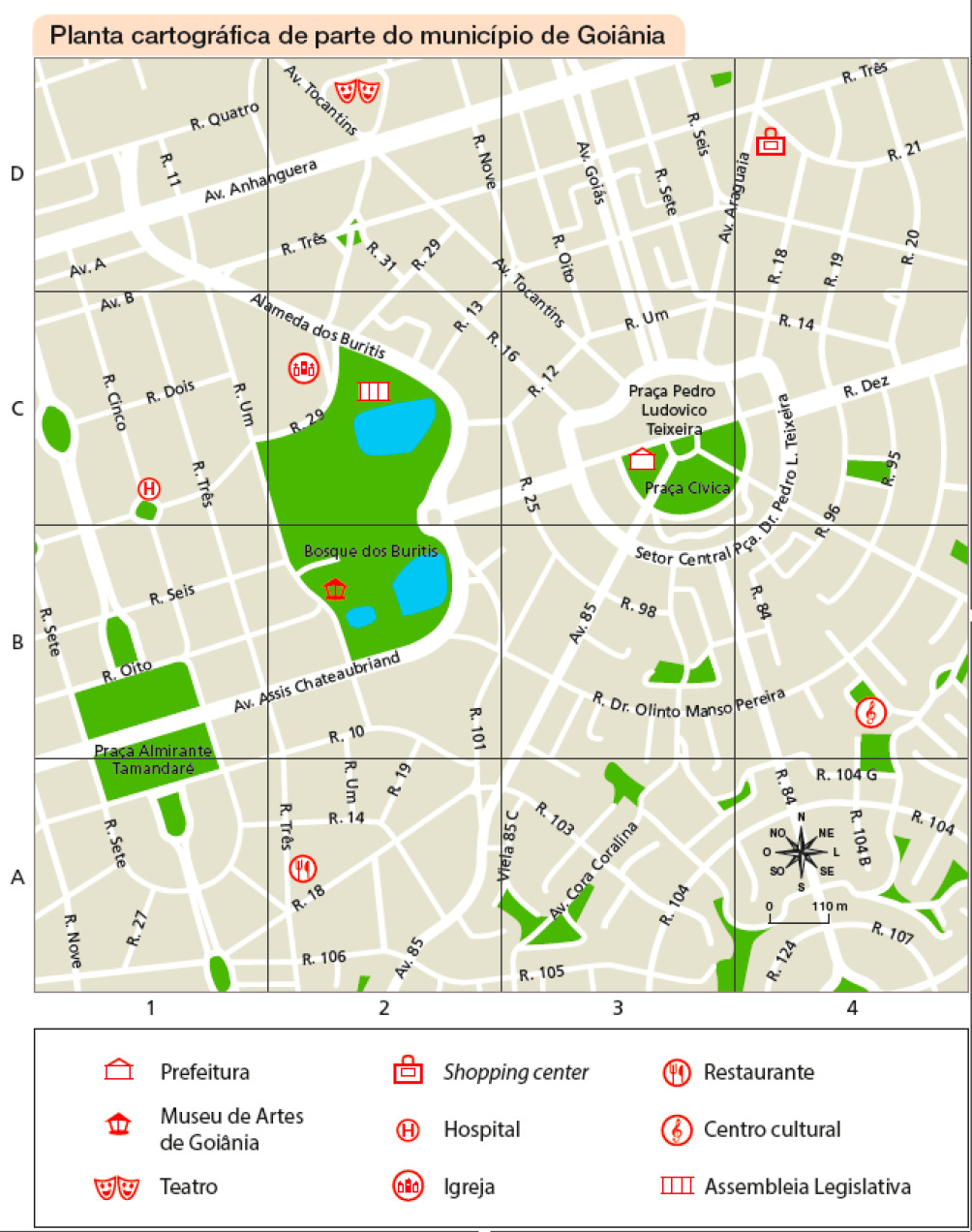 Imagem: Mapa. Planta cartográfica de parte do município de Goiânia. Mapa dividido em quatro linhas (A, B, C, D) e quatro colunas (1, 2, 3, 4). Na parte inferior, a legenda:  Prefeitura: C3;  Museu de Artes de Goiânia: B2;  Teatro: D2;  Shopping center: D4;  Hospital: C1;  Igreja: C2;  Restaurante: A2;  Centro cultural: B4;  Assembleia Legislativa: C2;  Praça Almirante Tamandaré: A1 e B1;  Bosque dos Buritis: B2, C1 e C2;  Praça Cívica: C3.  No canto inferior direito, a rosa dos ventos e a escala de 0 a 110 m.  Fim da imagem.