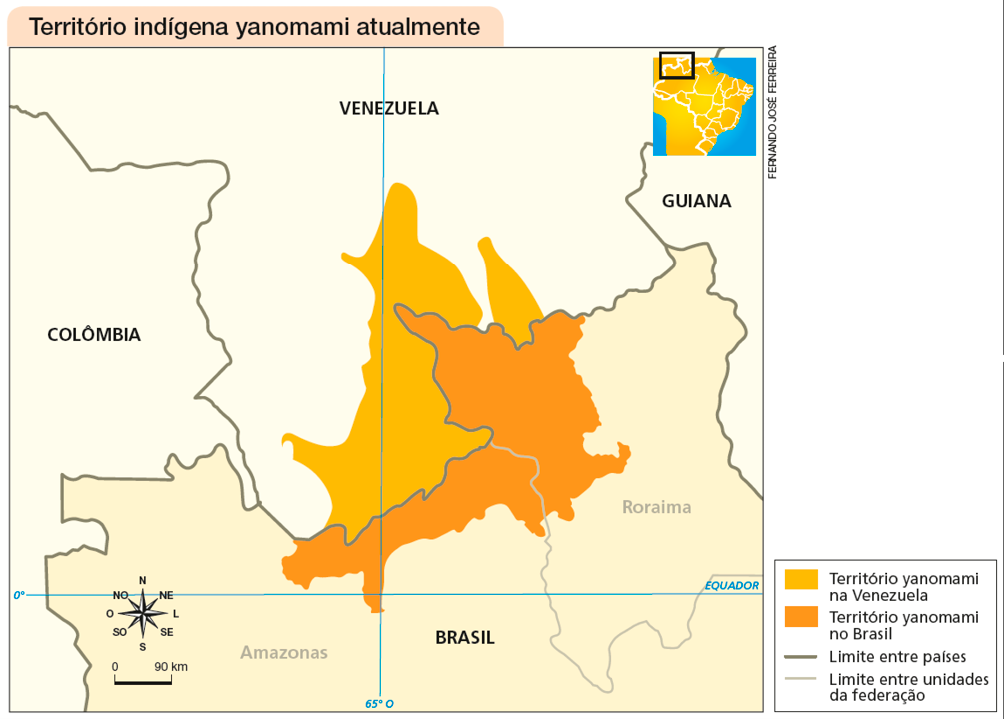 Imagem: Mapa. Território indígena yanomami atualmente. Destaque para Colômbia, Venezuela, Guiana e Brasil. No centro, o Território yanomami na Venezuela ocupa a parte sul da Venezuela. E o Território yanomami no Brasil ocupa a parte norte do Brasil (parte do Amazonas e parte de Roraima). O limite entre países é representado por uma linha cinza e grossa. E o limite entre unidades da federação é representado por uma linha cinza e fina. No canto superior direito, mapa do Brasil com destaque para a região descrita. No canto inferior esquerdo, a rosa dos ventos e a escala de 0 a 90 km. Fim da imagem.