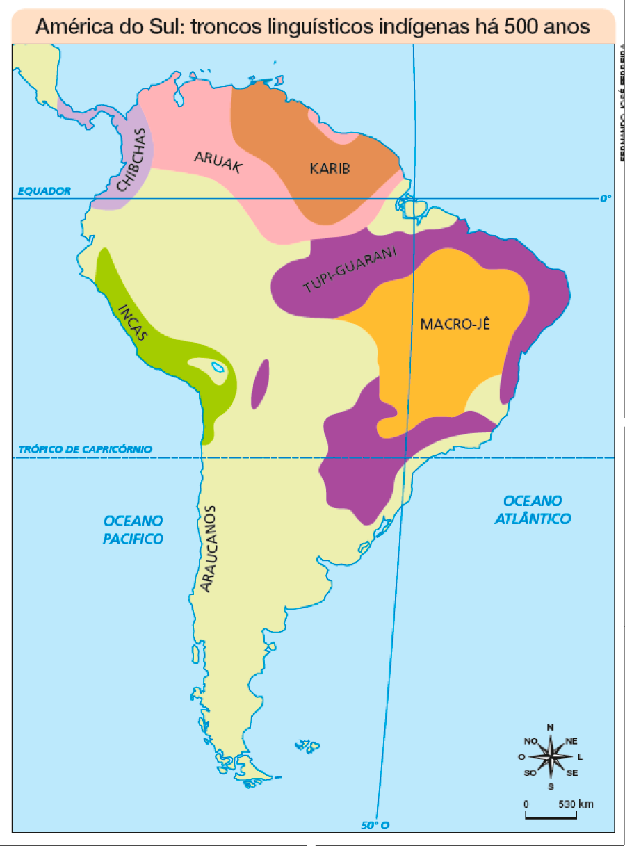 Imagem: Mapa. América do Sul: troncos linguísticos indígenas há 500 anos. Grande parte do mapa: ARAUCANOS. À esquerda, pequena área de INCAS. Na parte superior, CHIBCHAS, ARUAK, KARIB e TUPI-GUARANI. À direita, MACRO-JÊ.  No canto inferior direito, a rosa dos ventos e a escala de 0 a 530 km. Fim da imagem.