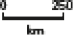 Ilustração de uma escala. À esquerda, o número 0 e à direita, o número 250. Entre eles, a informação: km. 