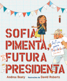 Imagem: Capa de livro. Na parte inferior, o título e na parte superior, ilustração de uma menina segurando um lápis na frente da boca e um senhor segurando um cartaz.  Fim da imagem.