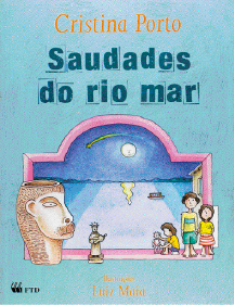 Imagem: Capa de livro. Na parte superior, o título e na parte inferior, ilustração de crianças, uma lua, o mar e duas estátuas. Fim da imagem.