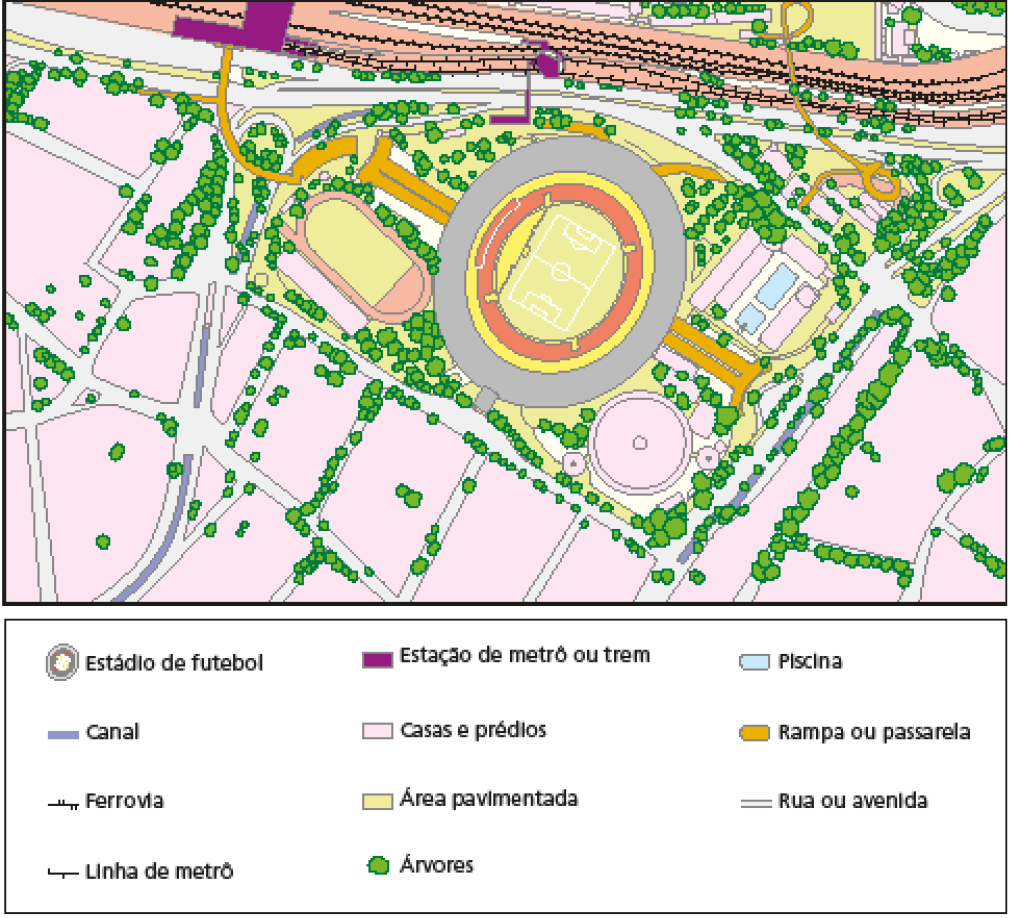 Imagem: Ilustração. Vista de cima de um quarteirão. No centro, um estádio de futebol circular e do lado esquerdo há uma área privada. Do lado direito há casas, prédios, uma piscina e rampas ou passarelas. Ao redor há área pavimentada, muitas árvores, ruas ou avenidas. Na parte superior, uma ferrovia ao lado da linha de metrô e da estação de metrô ou trem. À esquerda há um canal e no canto inferior esquerdo, a rosa dos ventos e a escala. Fim da imagem.