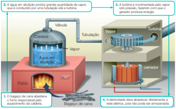 Imagem: Ilustração. Bagaços de cana empilhados ao lado de um forno aceso. (1. O bagaço de cana abastece o forno responsável pelo aquecimento da caldeira). Acima do forno há uma caldeira com água em ebulição e o vapor vai para cima e segue em direção a uma válvula na parte superior (2. A água em ebulição produz grande quantidade de vapor, que é conduzido por uma tubulação até a turbina). O vapor segue pela válvula em direção a uma tubulação, que está conectada a uma caixa com uma turbina dentro (3. A turbina é movimentada pelo vapor sob pressão, fazendo com que o gerador produza energia). O vapor gira a turbina e segue em direção a outra tubulação. Na parte inferior da turbina há um gerador conectado a dois cabos (4. A eletricidade deve abastecer diretamente a rede elétrica, pois não pode ser armazenada). Fim da imagem.