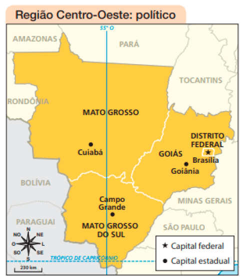 Imagem: Mapa. Região Centro-Oeste: político.  Mato Grosso; Capital estadual: Cuiabá.  Mato Grosso do Sul; Capital estadual: Campo Grande.  Goiás; Capital estadual: Goiânia.  Distrito Federal; Capital federal: Brasília. No canto inferior esquerdo, a rosa dos ventos e a escala de 230 km.  Fim da imagem.