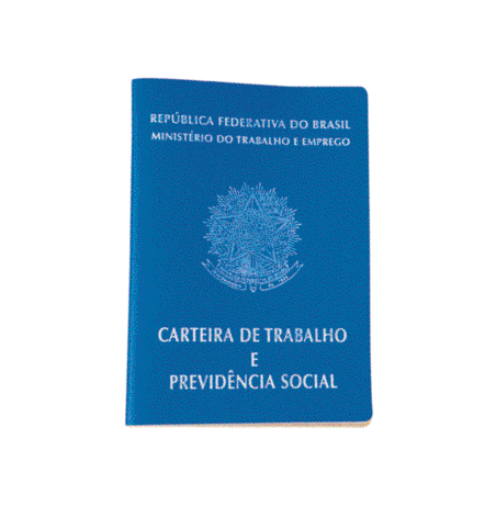 Imagem: Fotografia. Capa de uma carteira de trabalho azul. Na parte superior, a informação: REPÚBLICA FEDERATIVA DO BRASIL – MINISTÉRIO DO TRABALHO E EMPREGO. No centro, um brasão e na parte inferior, o texto: CARTEIRA DE TRABALHO E PREVIDÊNCIA SOCIAL. Fim da imagem.