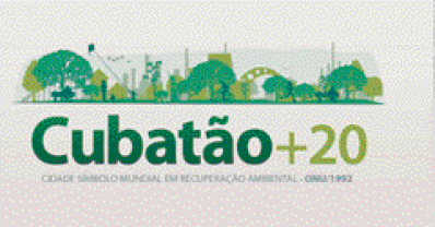 Imagem: 1990 - A comunidade, o governo e as indústrias se uniram para reduzir a poluição do ar por meio de medidas como a instalação de filtros nas chaminés das fábricas.  1992 - A cidade reduziu em cerca de 90% a poluição do ar e recebeu da ONU o título de Cidade Símbolo da Recuperação Ambiental.  Cartaz. Na parte superior, ilustração de uma cidade com várias árvores. Na parte inferior, a informação: Cubatão +20.  LEGENDA: Cartaz da campanha Cubatão +20: Cidade Símbolo Mundial de Recuperação Ambiental, de 1992. FIM DA LEGENDA.   Fim da imagem.